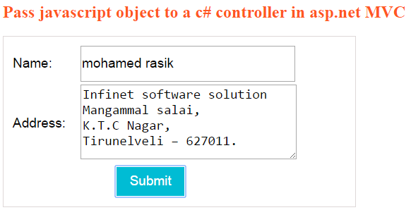 Pass javascript object to a csharp controller in asp.net MVC