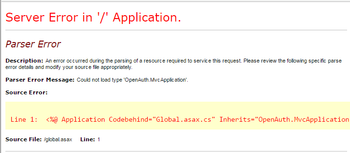 Could not load type OpenAuth.MvcApplication 