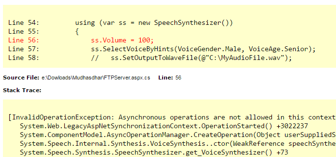Page starting an asynchronous operation has to have the Async attribute set to true 