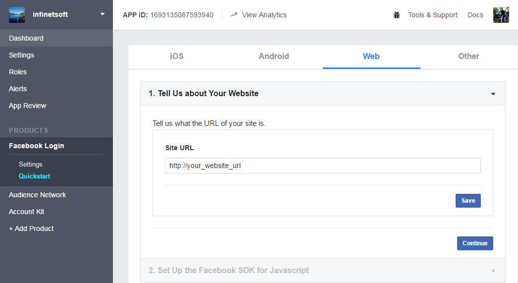 Add your url of your website in facebook app