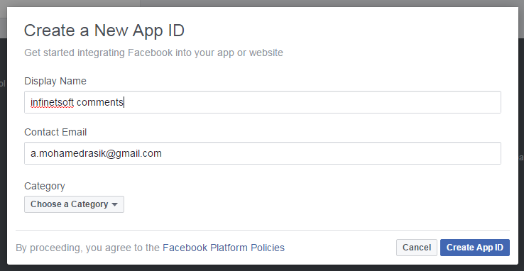 create new app id in facebook developer Application