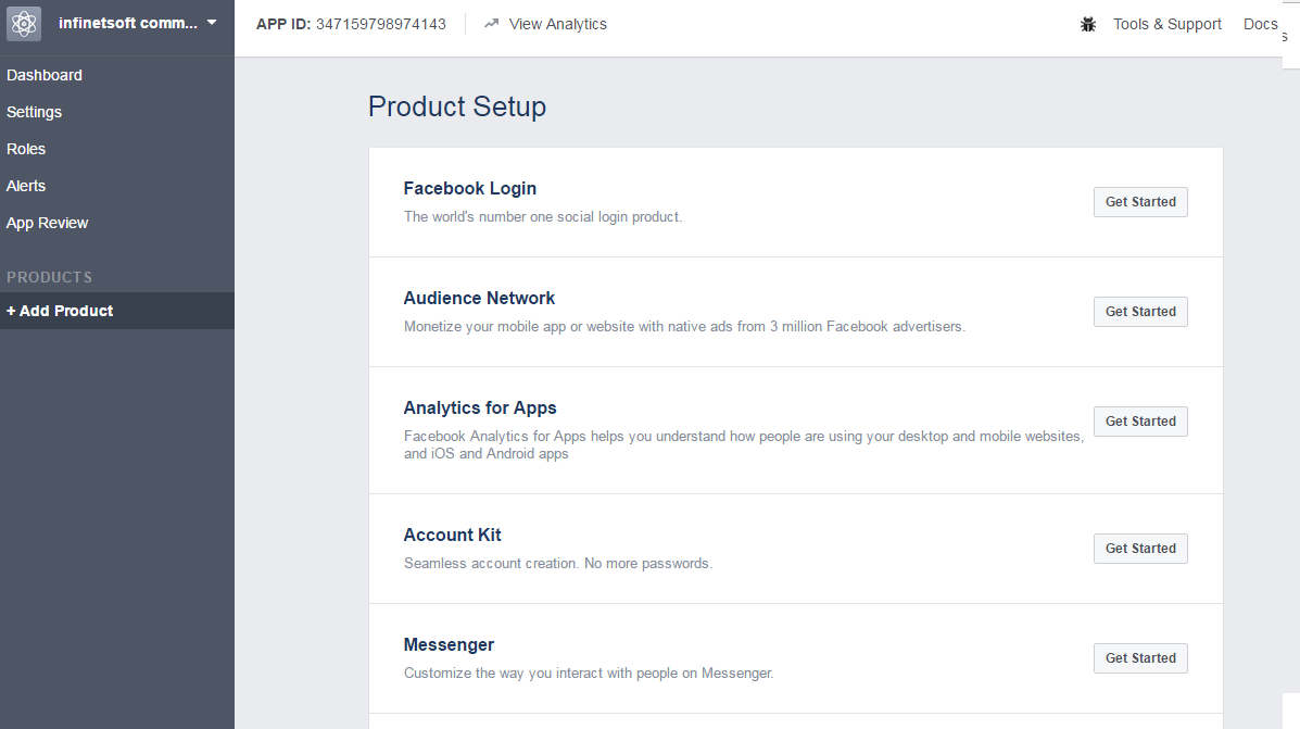 dashboard facebook developer page