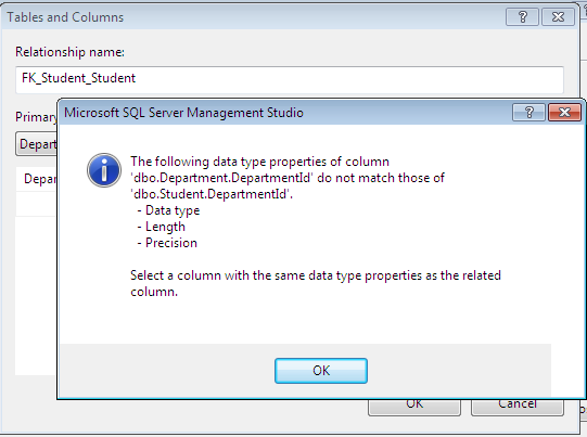 data type properties of column do not match those of Data type