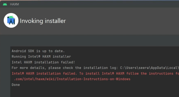 HAXM installation failed