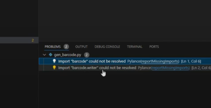 import barcode could not be resolved pylance